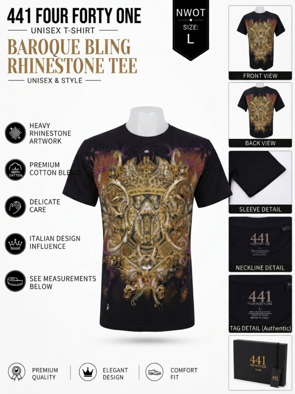 NWOT 441 Graphic T-Shirt Men's Black Size S & L Designer Tee